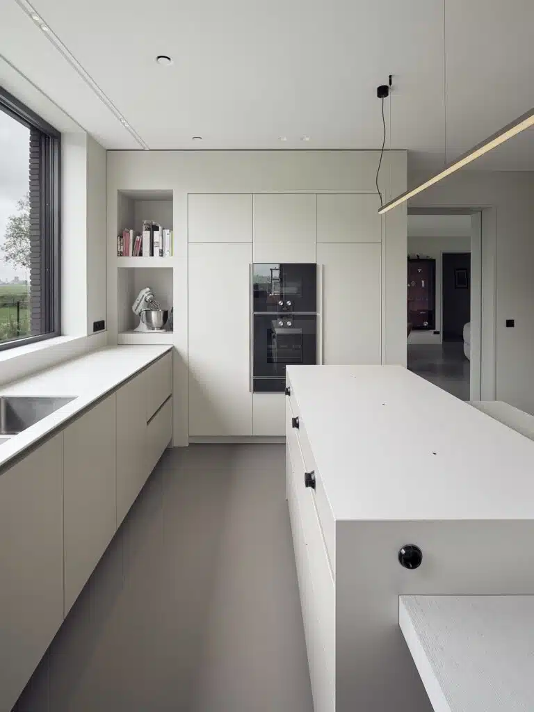 obased keuken met wit keukeneiland en geïntegreerde apparatenwand