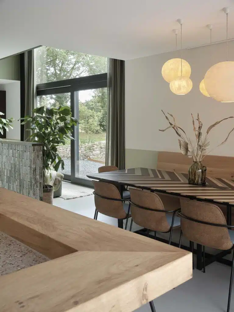 Duurzaam interieur met biobased eettafel in hout en natuurlijke afwerking